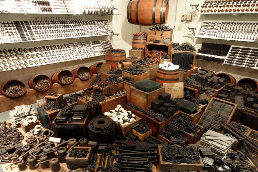 boxes of artifacts on display